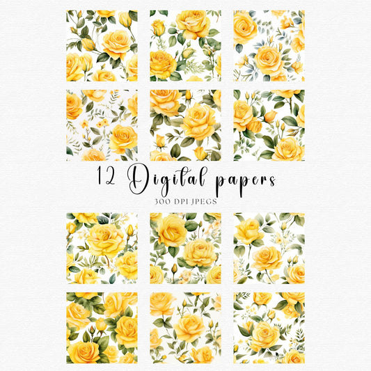 Watercolor Yellow Roses Digital Papers