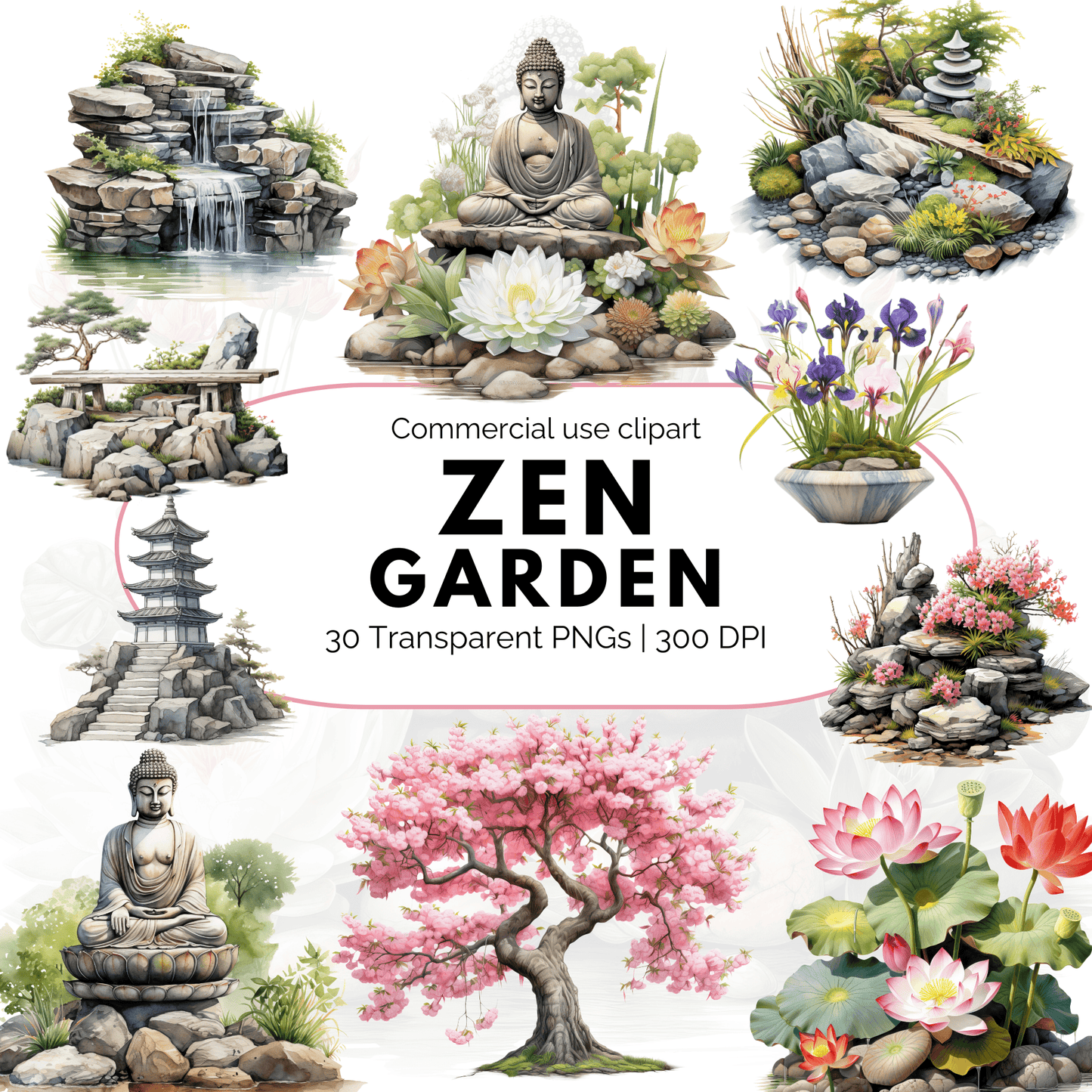 Watercolor Zen Garden Clipart
