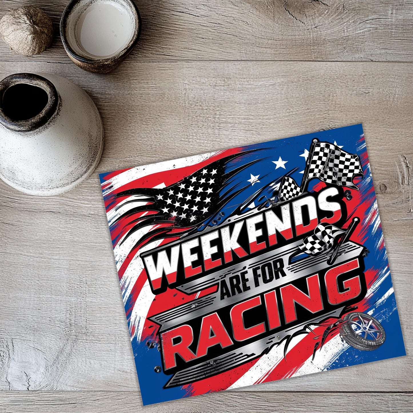 a poster on a table with a flag and a motorcycle