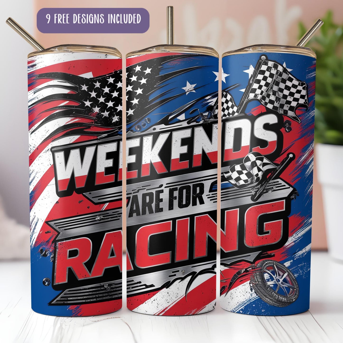 a pair of tumblers with the words weekend are for racing on them