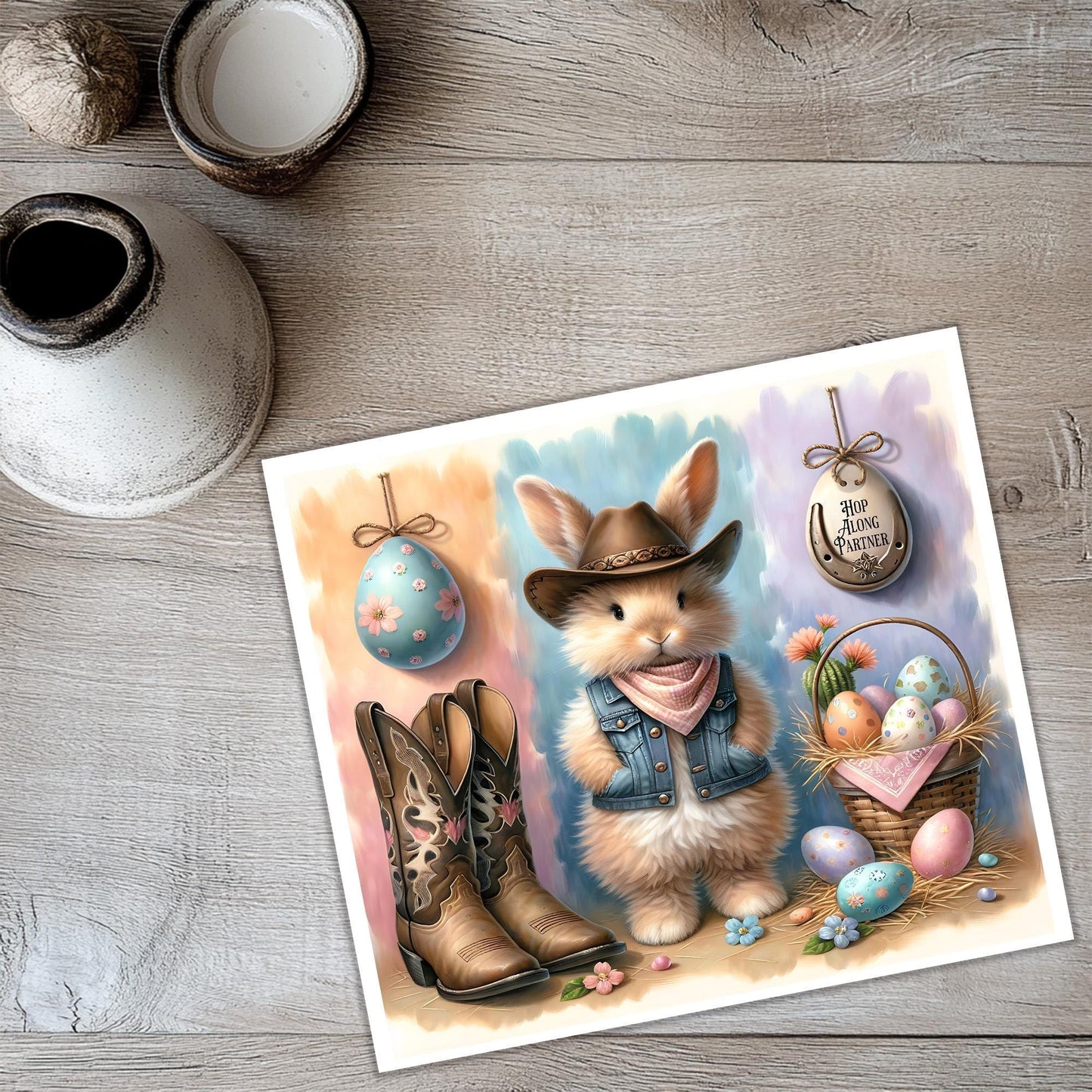 a card with a picture of a dog wearing a cowboy hat