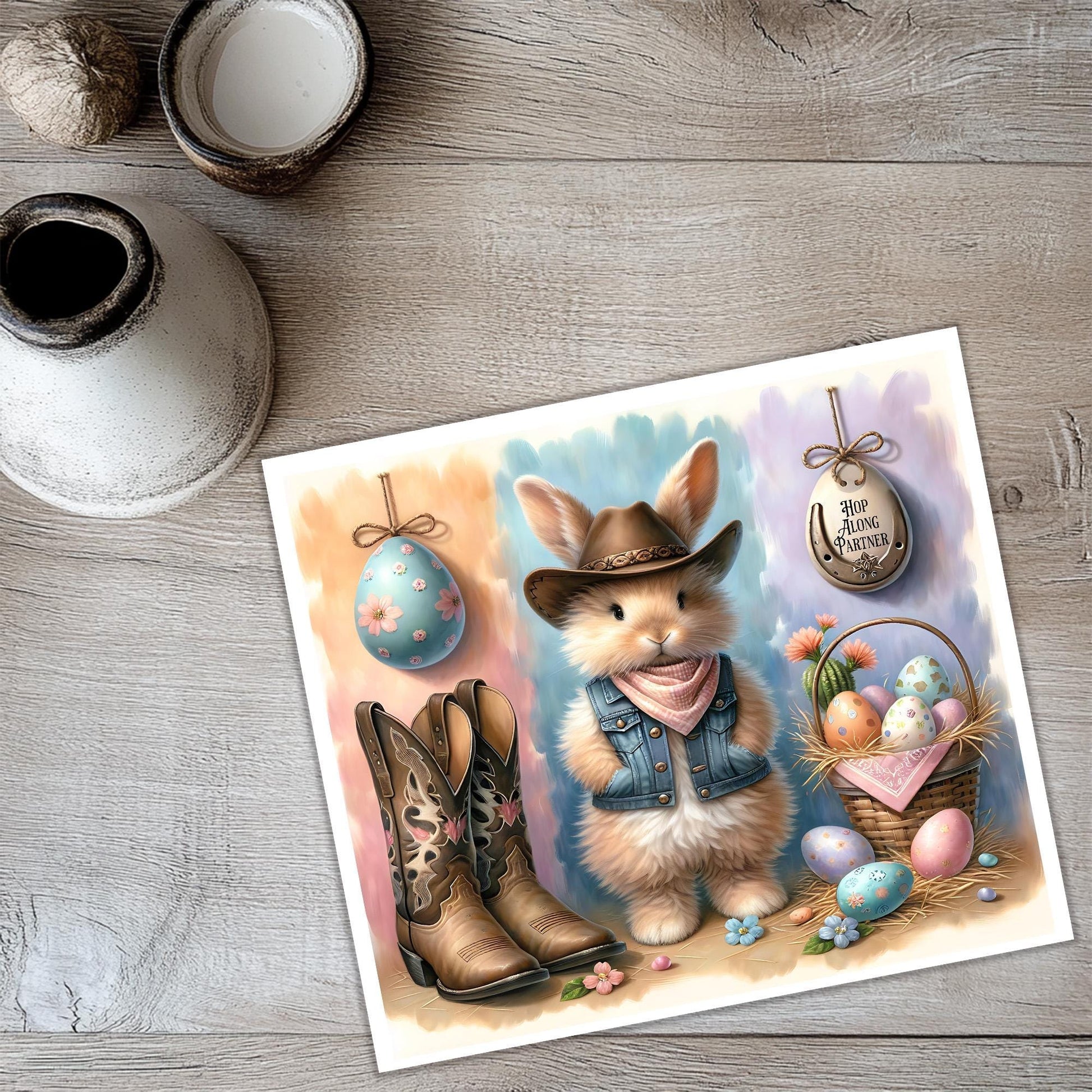 a card with a picture of a dog wearing a cowboy hat