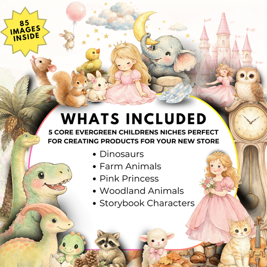 Illustrated clipart with dinosaurs, farm animals, pink princess, woodland animals, and storybook characters with castle and clock background.