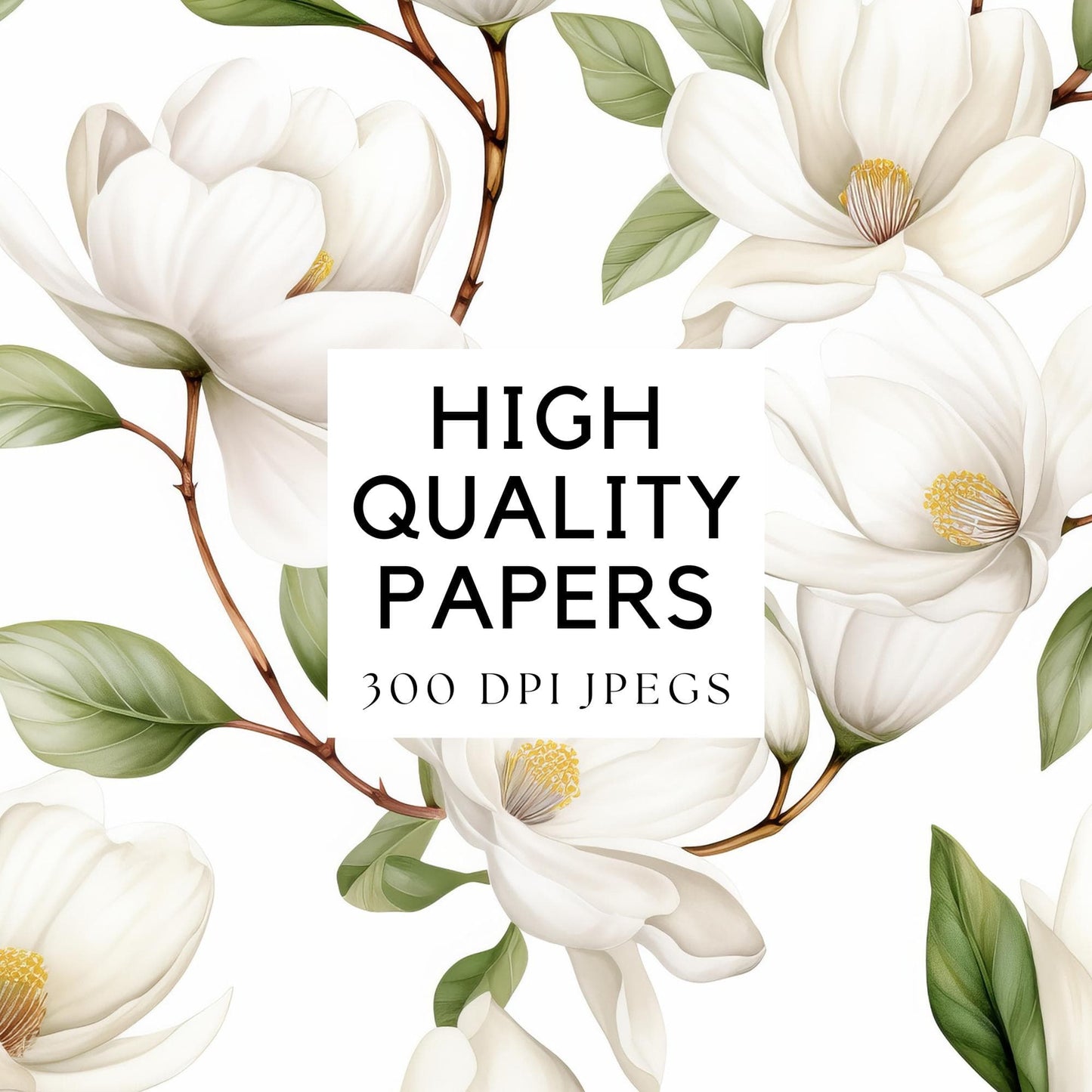 White Magnolias Seamless Pattern Digital Paper