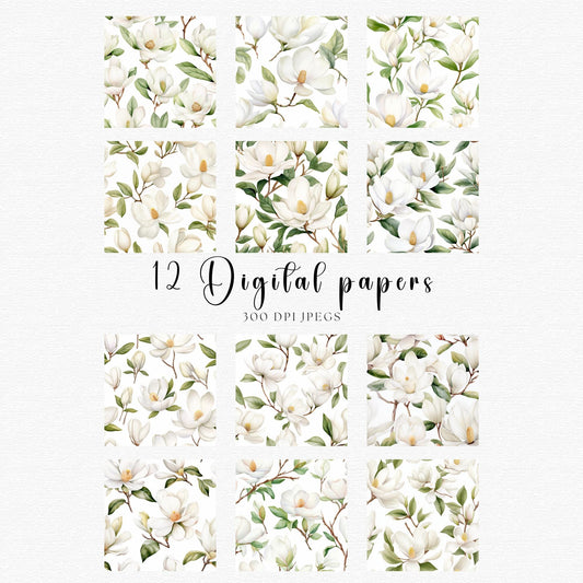 White Magnolias Seamless Pattern Digital Paper
