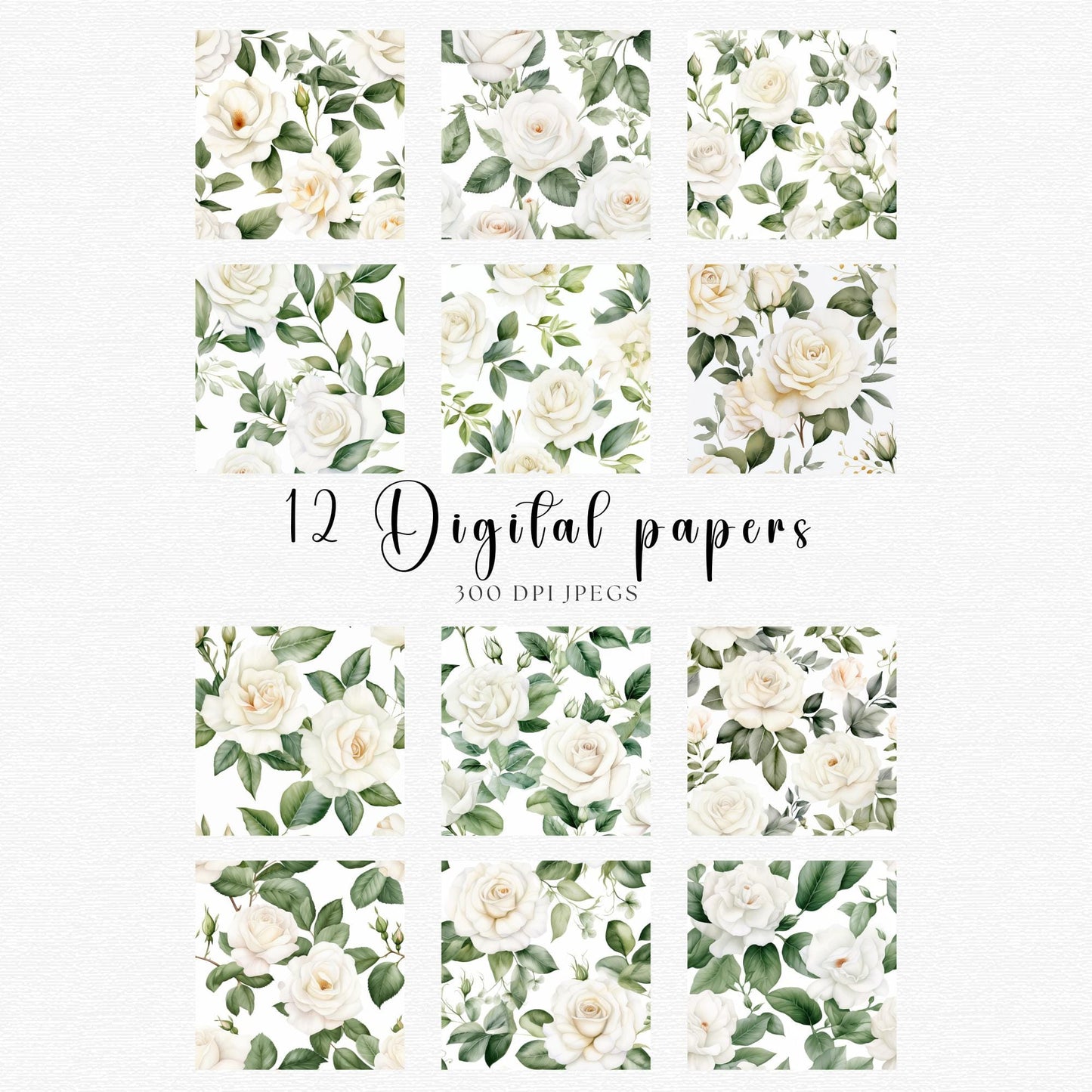 White Rose and Greenery Digital Papers