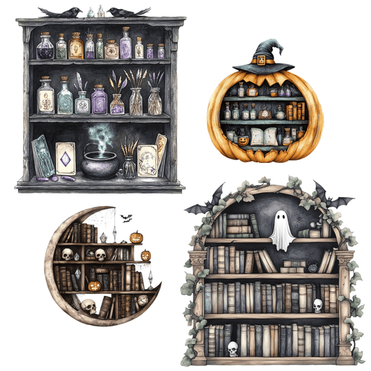 Clipart de estantería de brujas: PNG de Halloween para amantes de los libros para proyectos mágicos