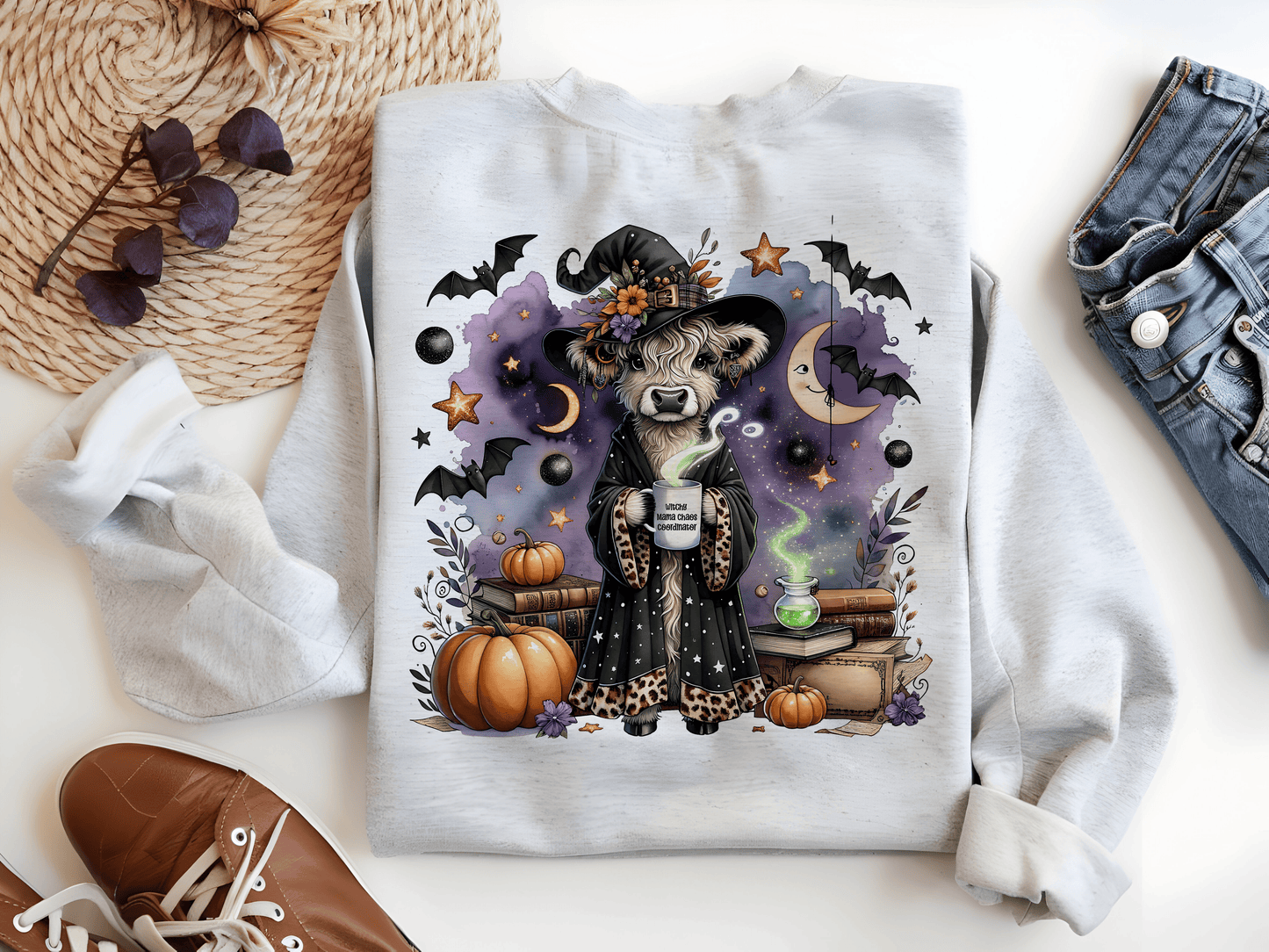 Witchy Mama Chaos Coordinator PNG – Funny Highland Cow Halloween Sublimation