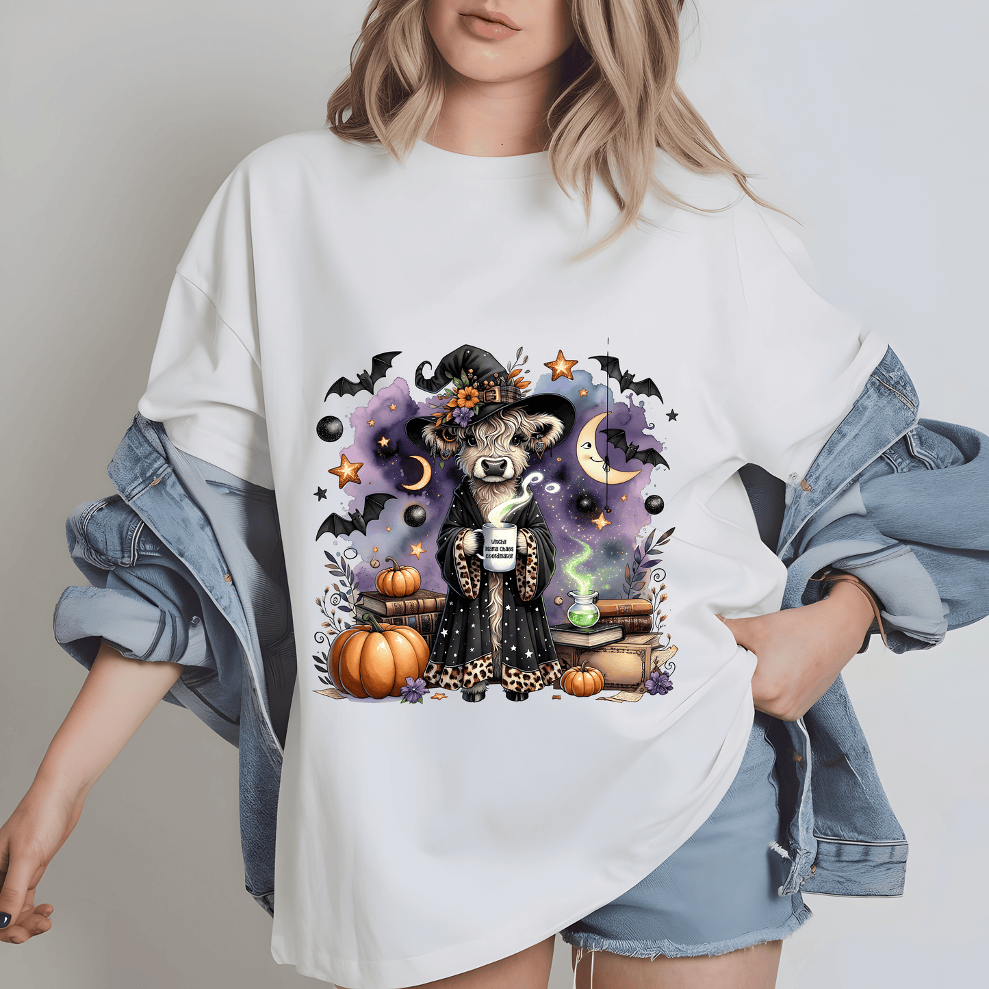 Witchy Mama Chaos Coordinator PNG – Funny Highland Cow Halloween Sublimation