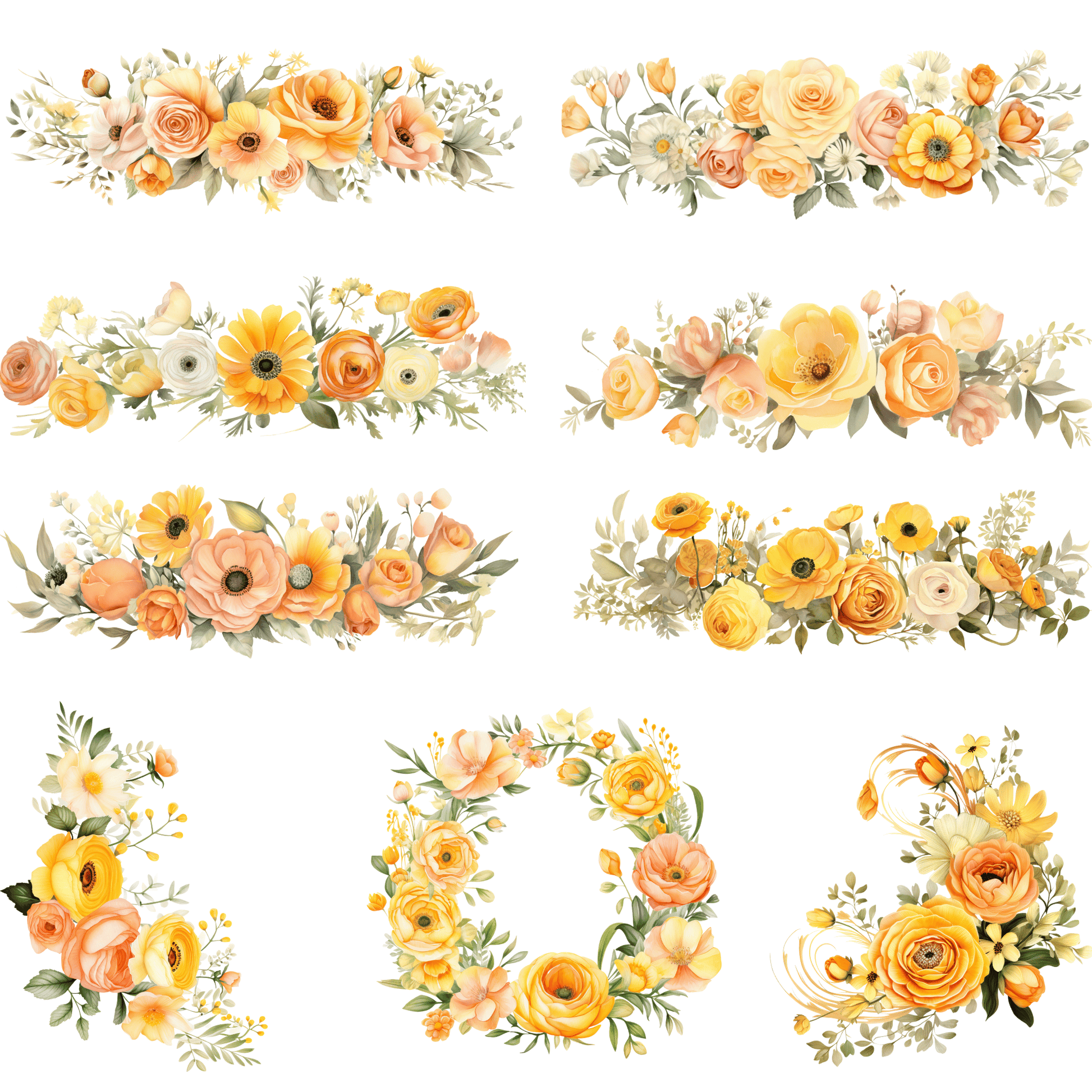 a bunch of flowers that are on a white background