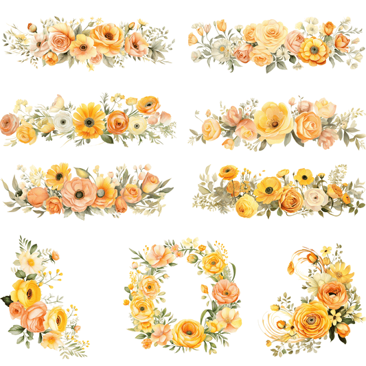 a bunch of flowers that are on a white background
