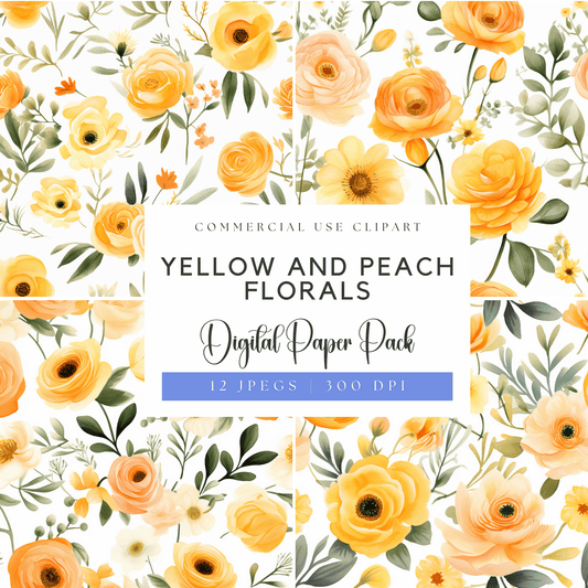a yellow and peach floral pattern with the words, yellow and peach florals digital