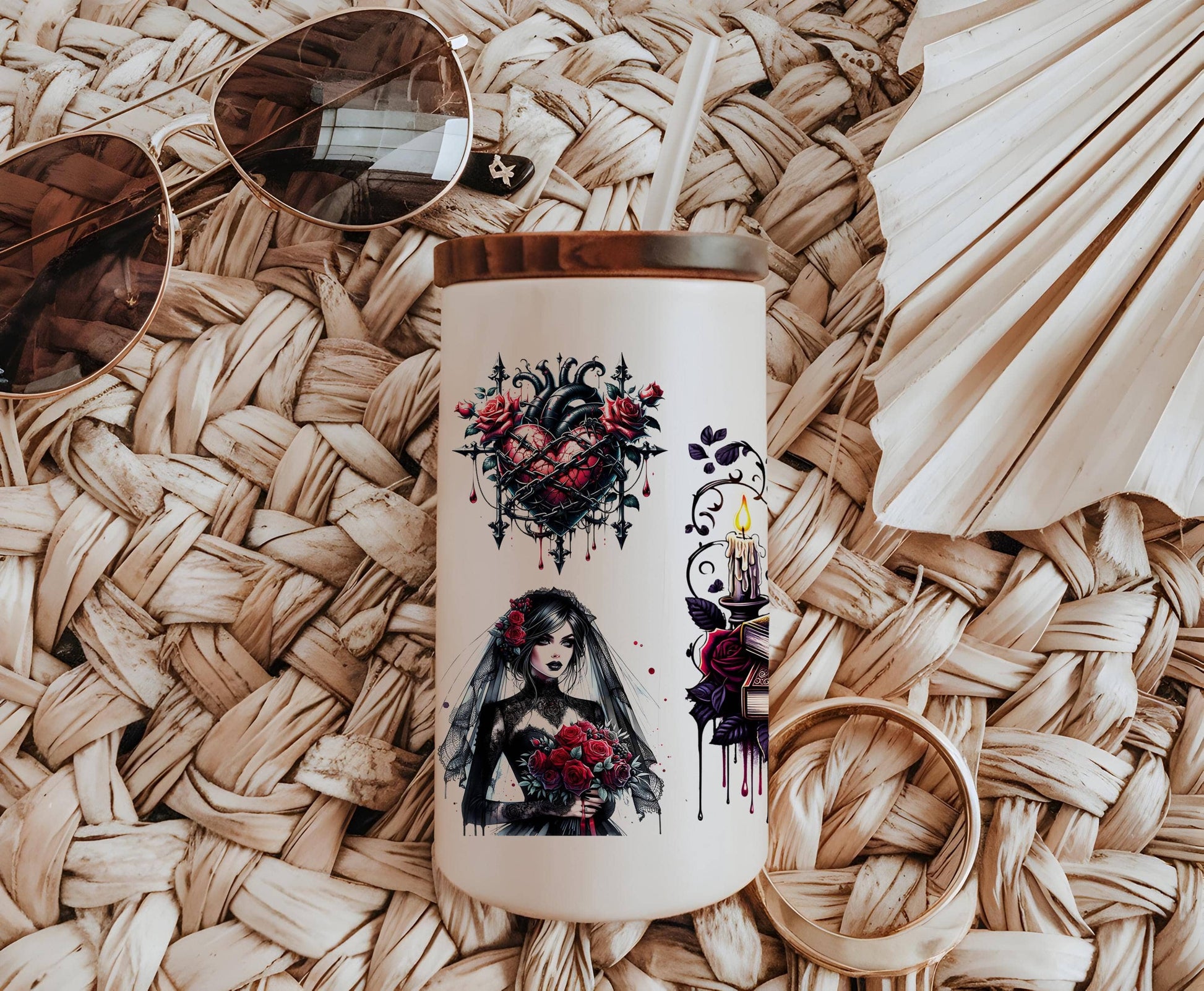 a white coffee mug with a picture of a woman on it