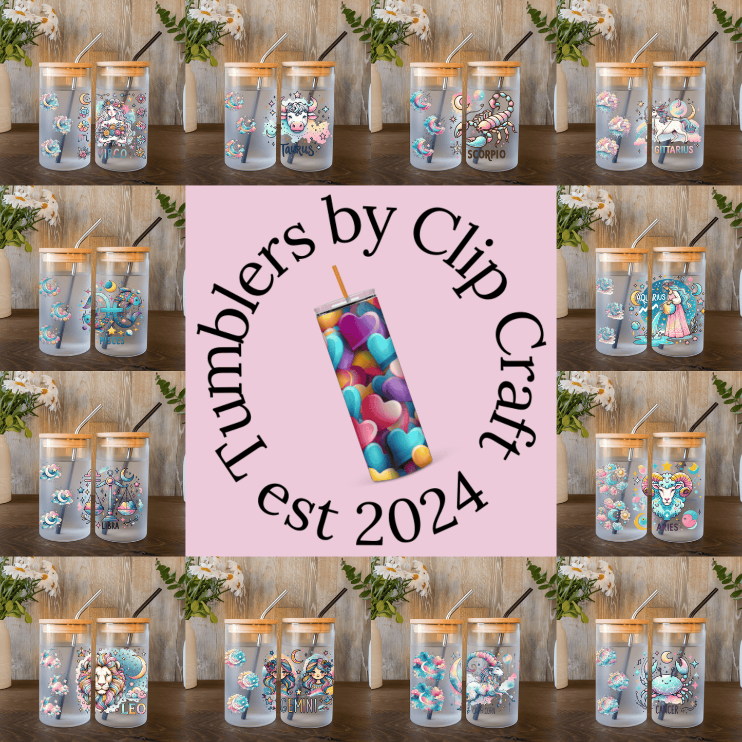 a pink banner with a picture of a tall glass filled with candy