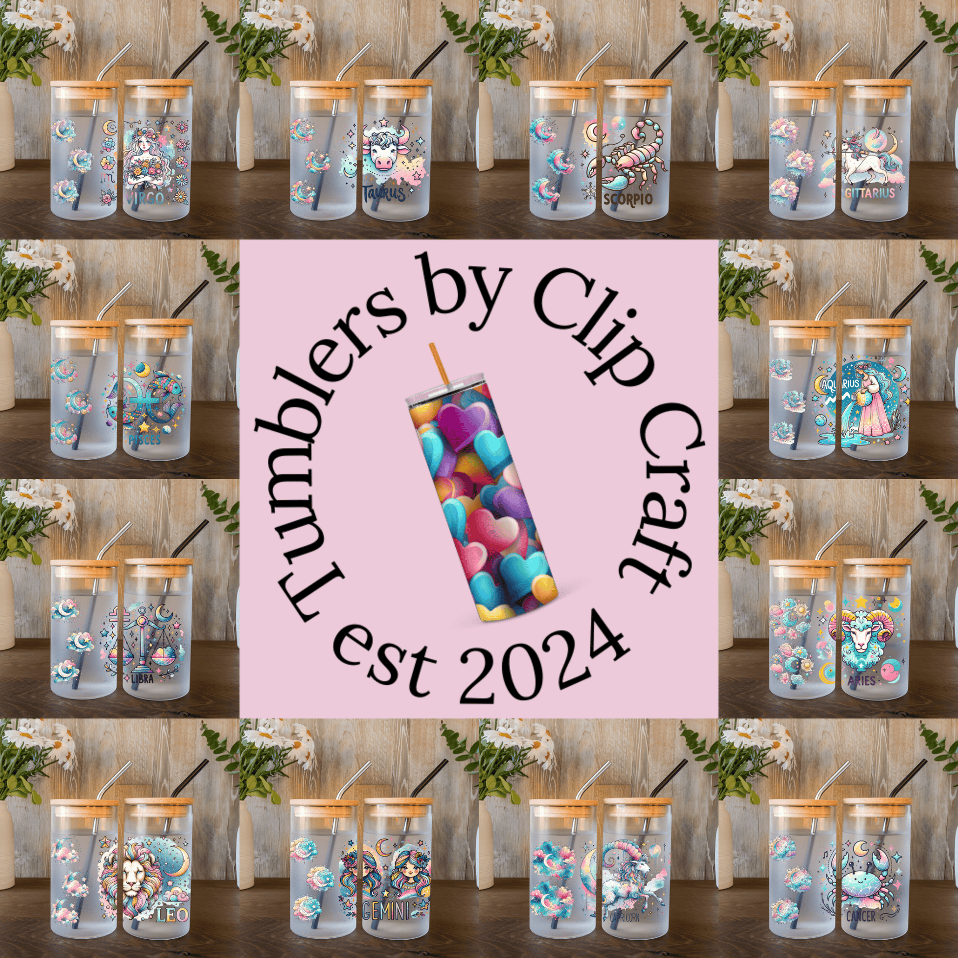 a pink banner with a picture of a tall glass filled with candy